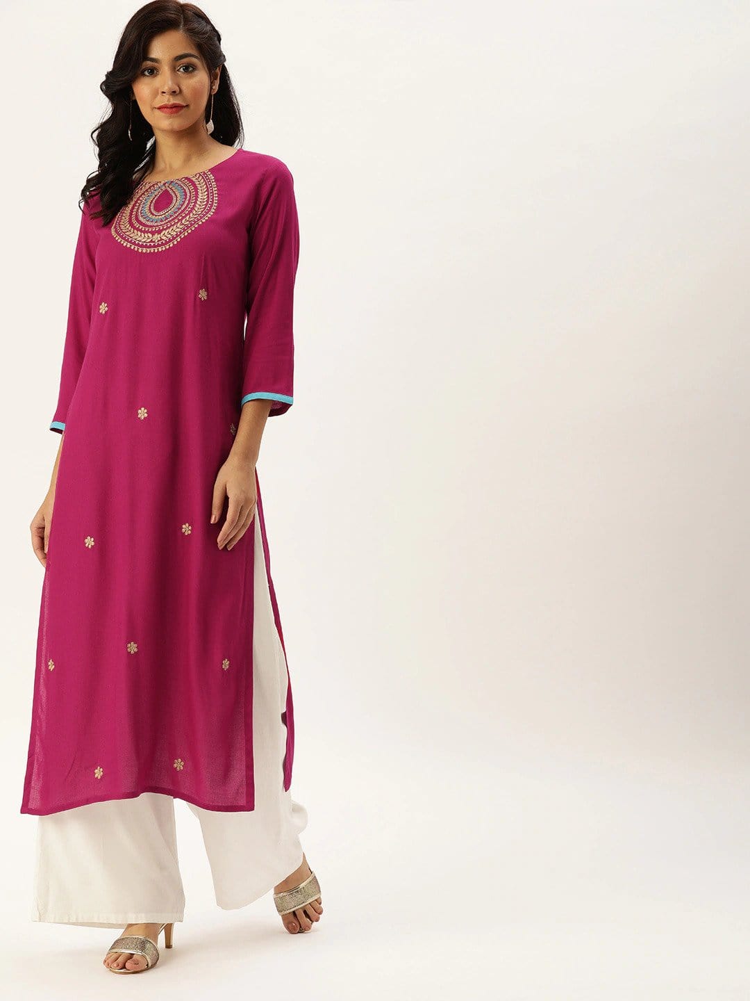Women's Magenta Pink Yoke Design Straight Kurta