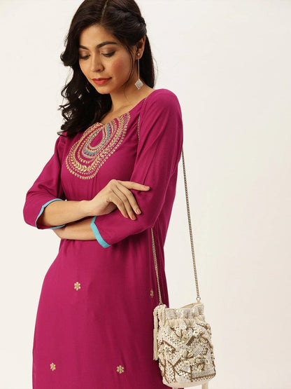 Women's Magenta Pink Yoke Design Straight Kurta