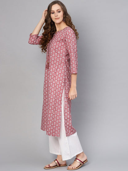 Women's Pink & White Printed Straight Kurta