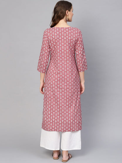 Women's Pink & White Printed Straight Kurta