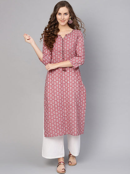 Women's Pink & White Printed Straight Kurta