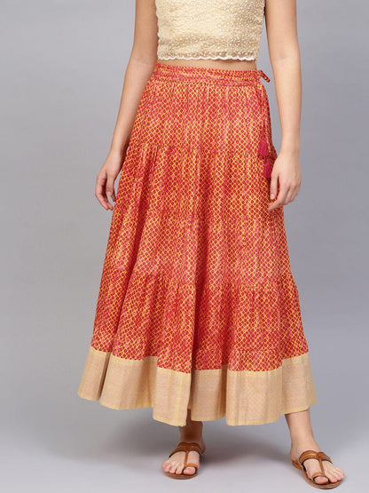 Women's Rust And Mustard Printed Flared Long Skirt