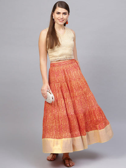 Women's Rust And Mustard Printed Flared Long Skirt