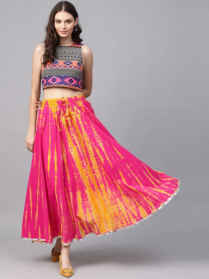 Women's Pink and Yellow Dyed Maxi Flared Skirt