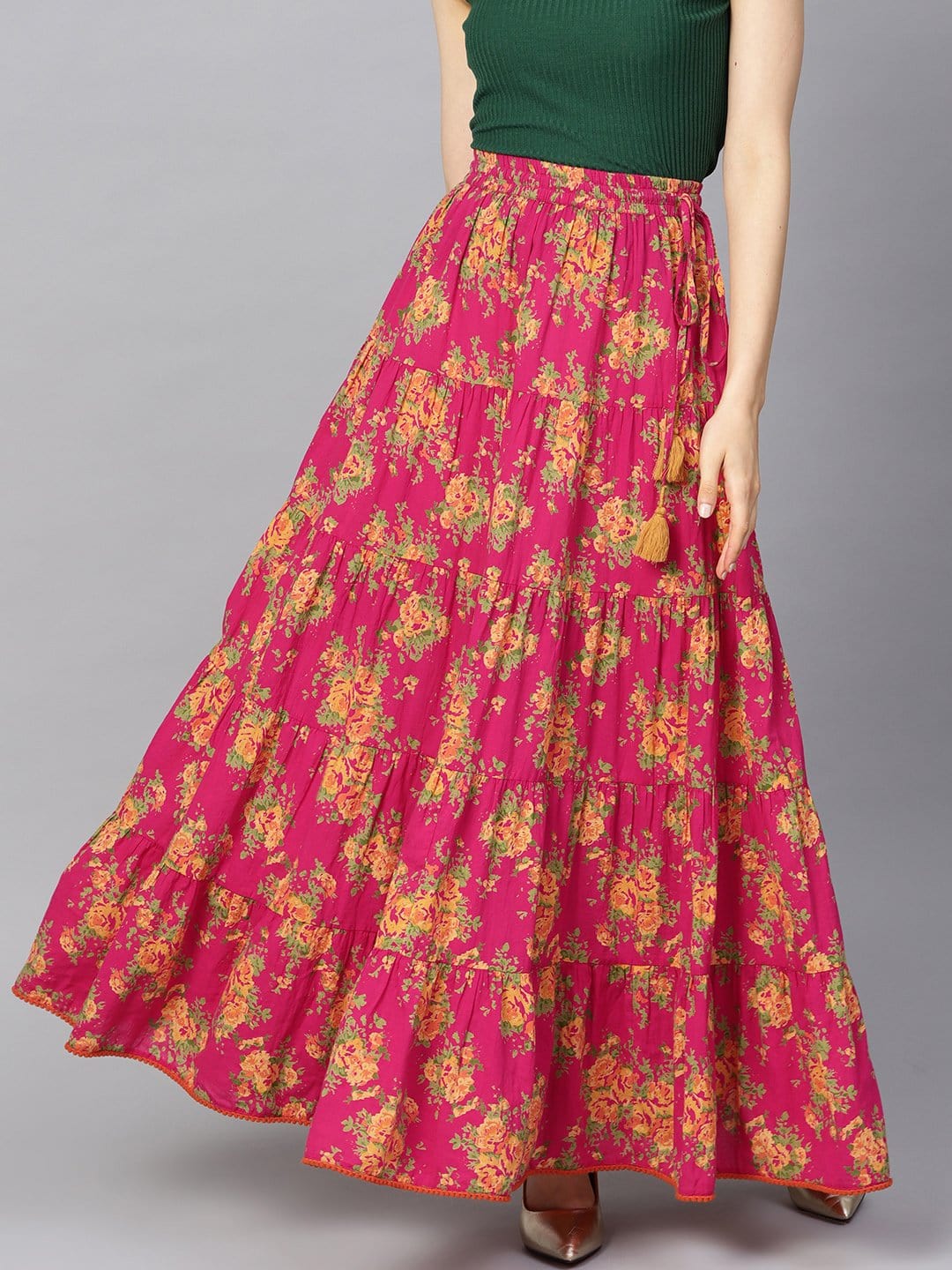 Women's Fushcia Floral Printed Tiered Skirt