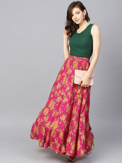 Women's Fushcia Floral Printed Tiered Skirt