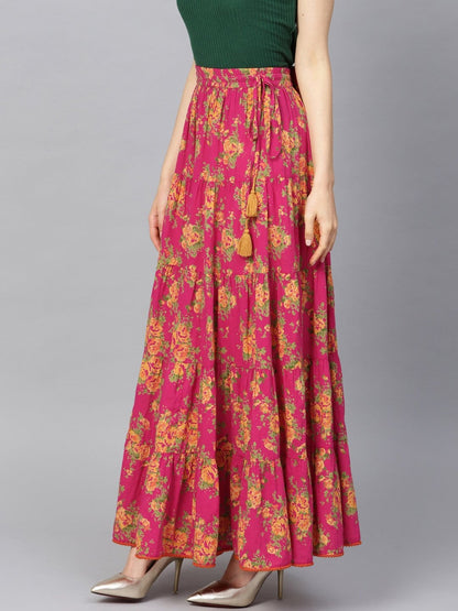 Women's Fushcia Floral Printed Tiered Skirt