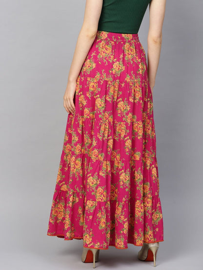 Women's Fushcia Floral Printed Tiered Skirt