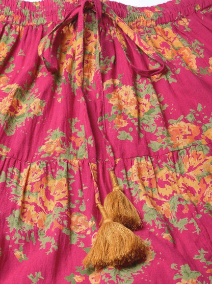 Women's Fushcia Floral Printed Tiered Skirt