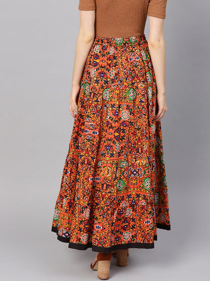 Women's Orange & Black Phulkari Printed Flared Maxi Skirt