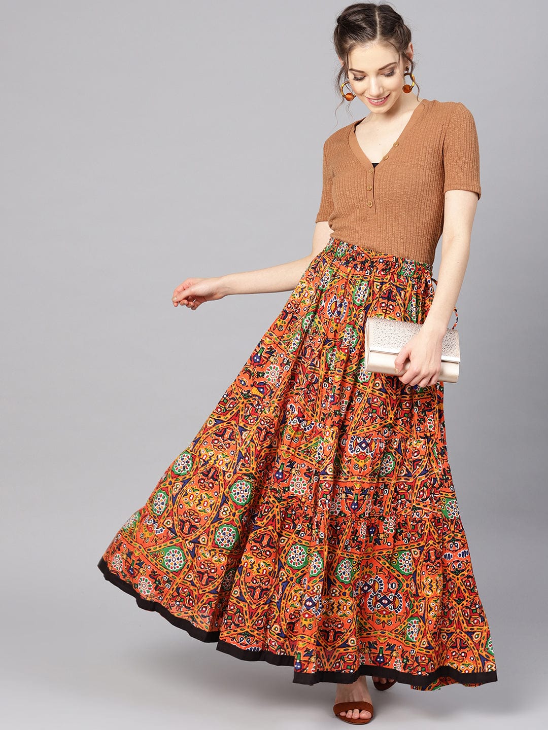 Women's Orange & Black Phulkari Printed Flared Maxi Skirt