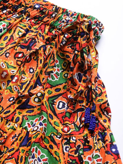 Women's Orange & Black Phulkari Printed Flared Maxi Skirt