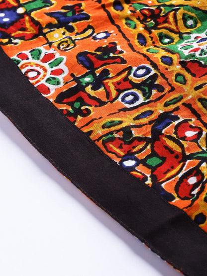 Women's Orange & Black Phulkari Printed Flared Maxi Skirt