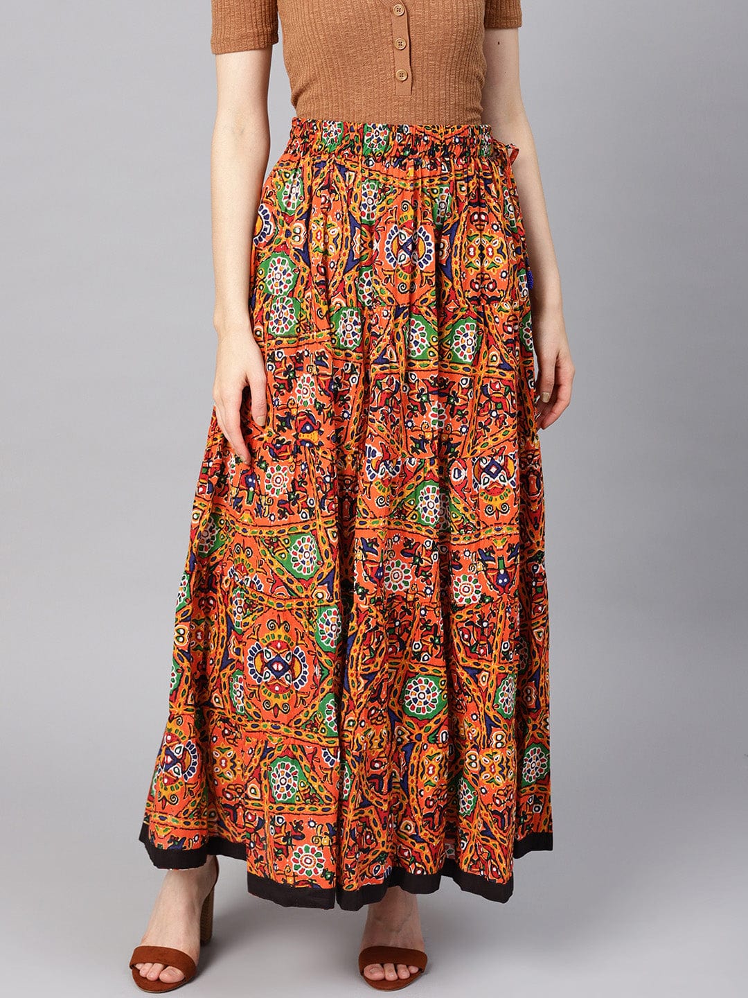 Women's Orange & Black Phulkari Printed Flared Maxi Skirt