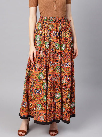 Women's Orange & Black Phulkari Printed Flared Maxi Skirt