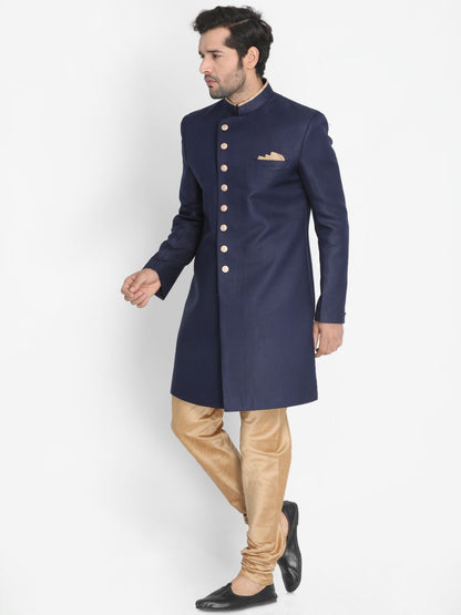 Men's Dark Blue Silk Blend Sherwani Set