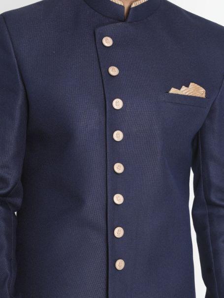 Men's Dark Blue Silk Blend Sherwani Set