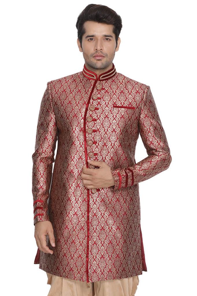 Men's Maroon Silk Blend Sherwani Set