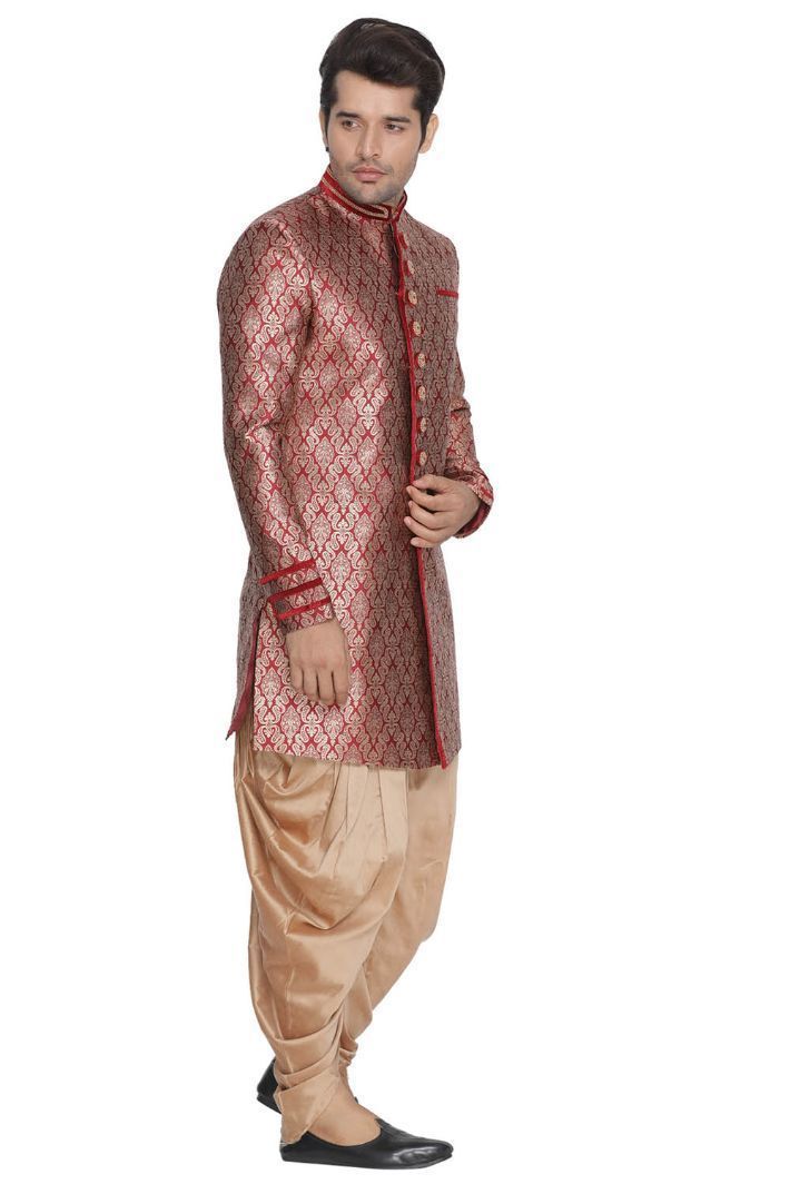 Men's Maroon Cotton Silk Blend Sherwani Set