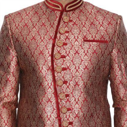 Men's Maroon Cotton Silk Blend Sherwani Set