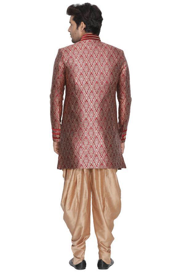 Men's Maroon Cotton Silk Blend Sherwani Set