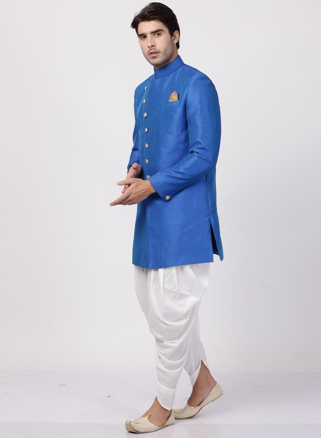 Men's Blue Silk Blend Sherwani Set