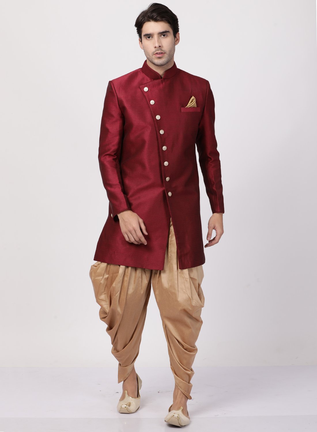Men's Maroon Silk Blend Sherwani Set