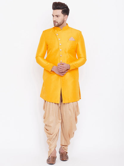 Men's Mustard And Rose Gold Silk Blend Sherwani Set