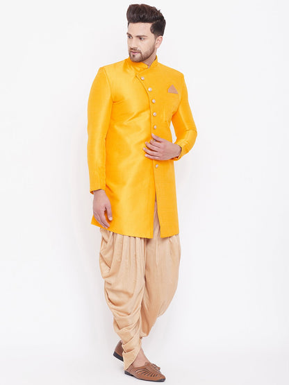 Men's Mustard And Rose Gold Silk Blend Sherwani Set