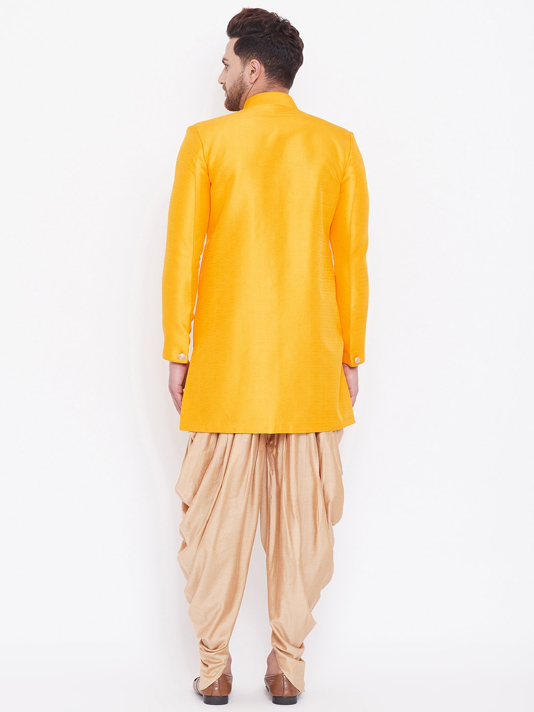 Men's Mustard And Rose Gold Silk Blend Sherwani Set
