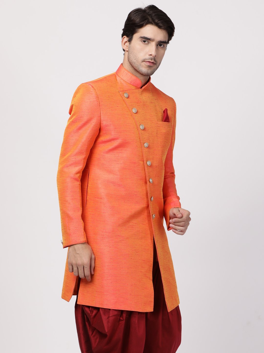 Men's Orange Silk Blend Sherwani Only Top