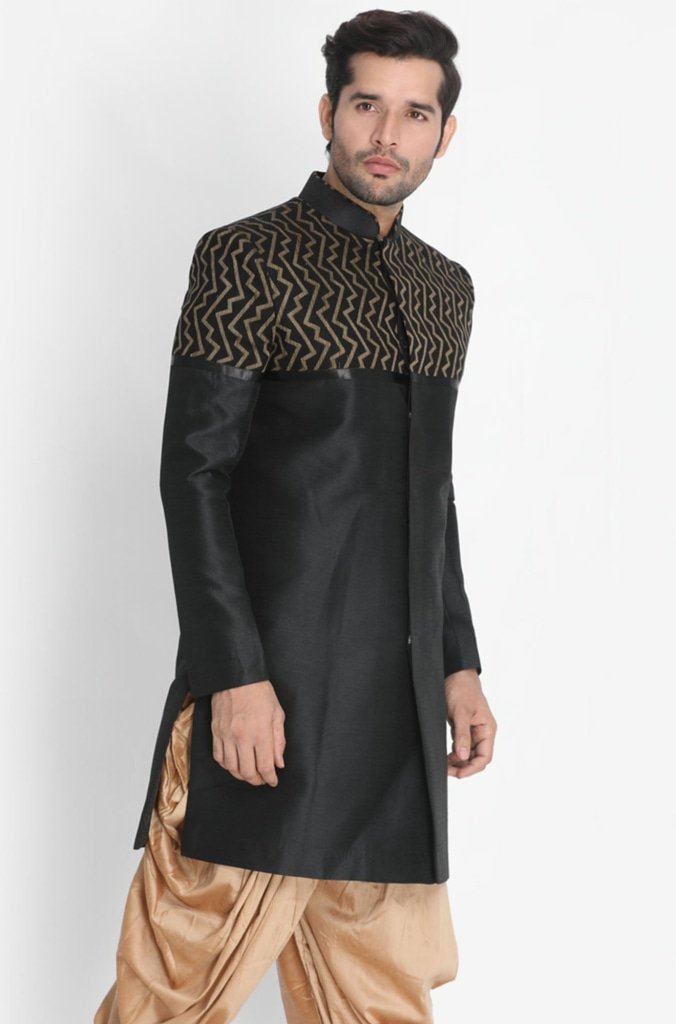 Men's Black Silk Blend Sherwani Only Top