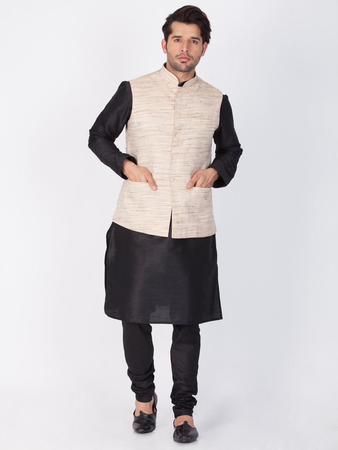 Men's Black Cotton Silk Blend Kurta, Ethnic Jacket and Pyjama Set
