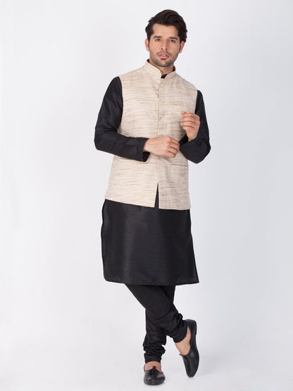 Men's Black Cotton Silk Blend Kurta, Ethnic Jacket and Pyjama Set
