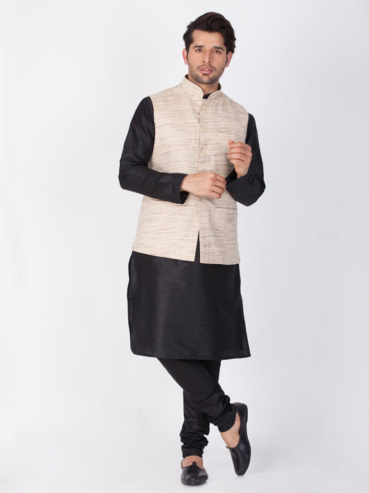 Men's Black Cotton Silk Blend Kurta, Ethnic Jacket and Pyjama Set