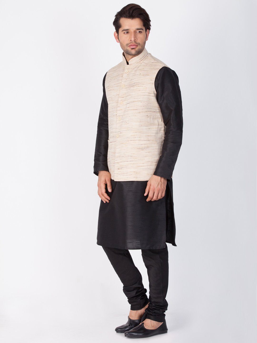 Men's Black Cotton Silk Blend Kurta, Ethnic Jacket and Pyjama Set
