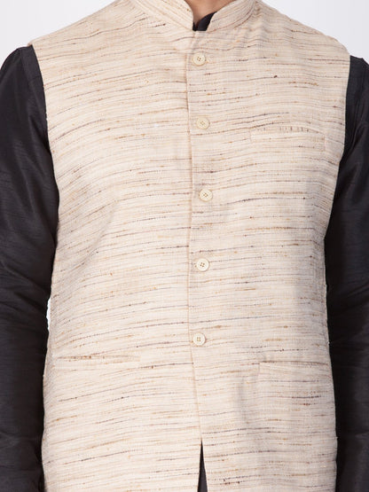 Men's Black Cotton Silk Blend Kurta, Ethnic Jacket and Pyjama Set