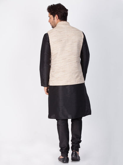 Men's Black Cotton Silk Blend Kurta, Ethnic Jacket and Pyjama Set