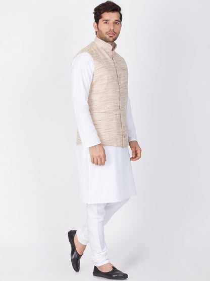 Men's White Cotton Blend Kurta, Ethnic Jacket and Pyjama Set