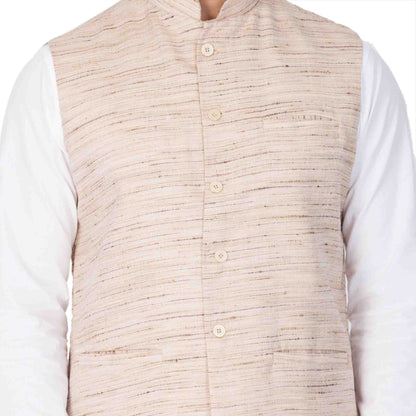 Men's White Cotton Blend Kurta, Ethnic Jacket and Pyjama Set