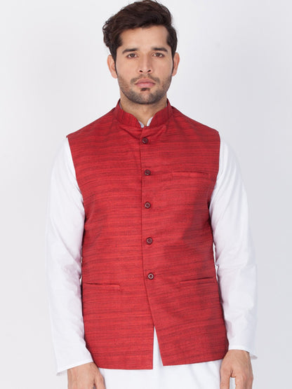 Men's Maroon Cotton Blend Ethnic Jacket