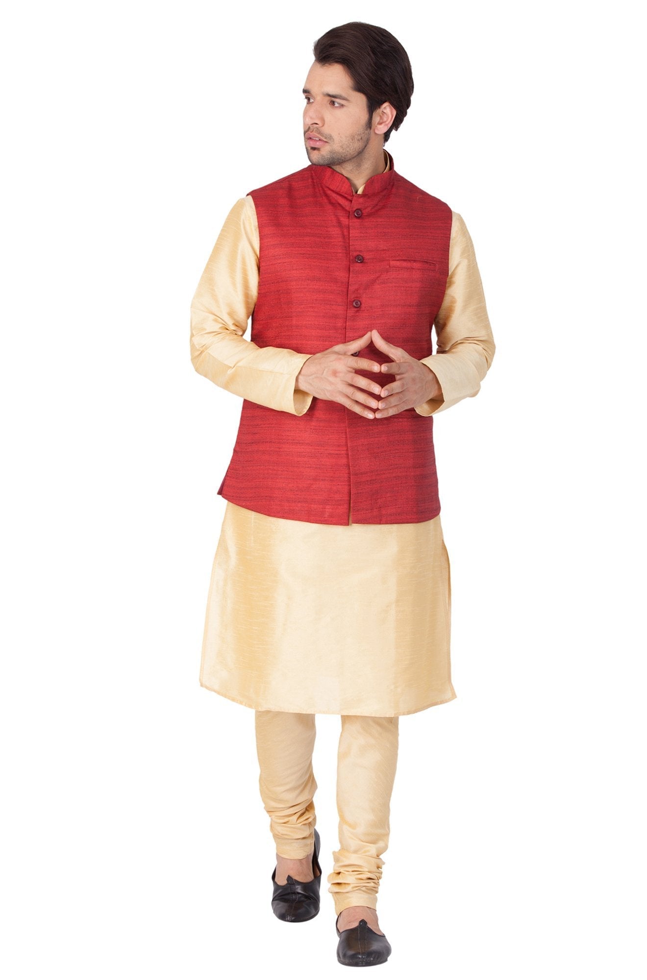 Men's Gold Cotton Silk Blend Kurta, Ethnic Jacket and Pyjama Set
