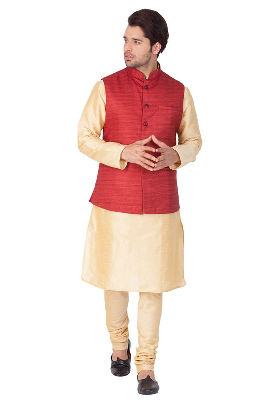 Men's Gold Cotton Silk Blend Kurta, Ethnic Jacket and Pyjama Set
