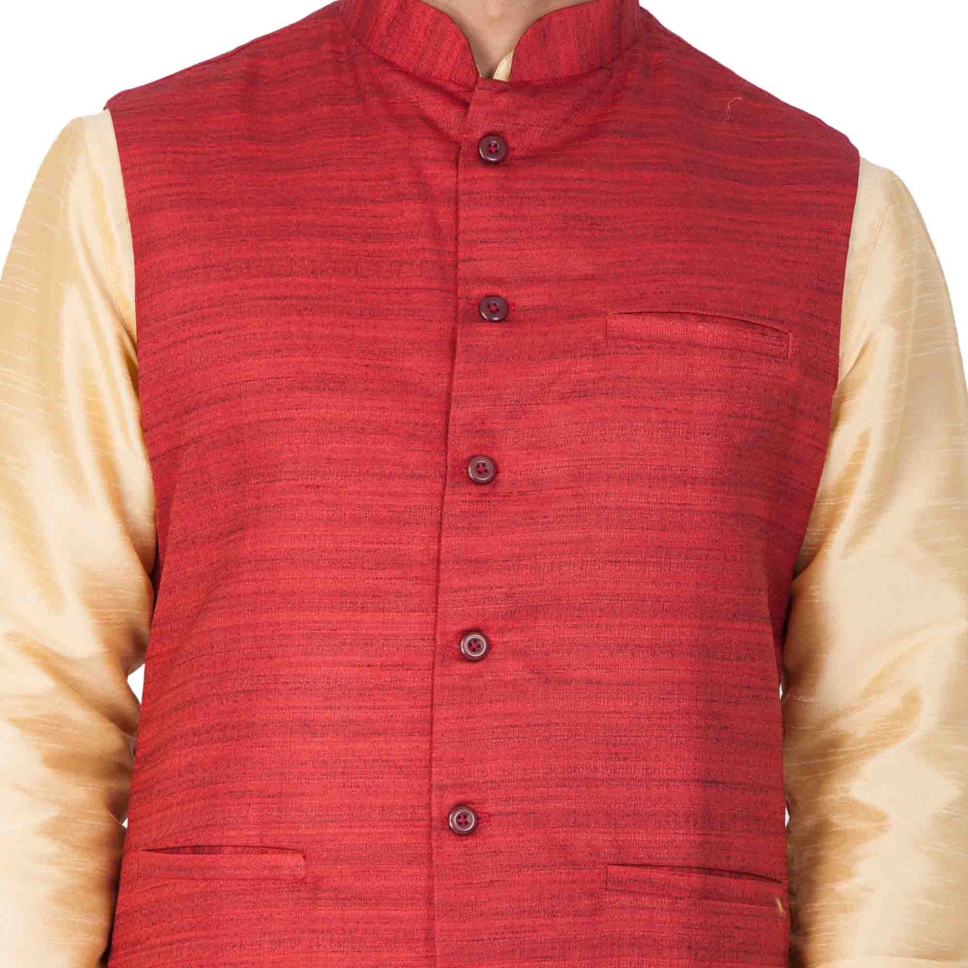 Men's Gold Cotton Silk Blend Kurta, Ethnic Jacket and Pyjama Set