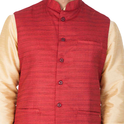 Men's Gold Cotton Silk Blend Kurta, Ethnic Jacket and Pyjama Set