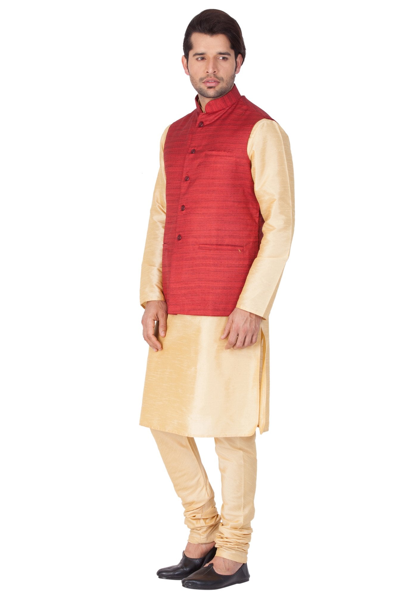 Men's Gold Cotton Silk Blend Kurta, Ethnic Jacket and Pyjama Set
