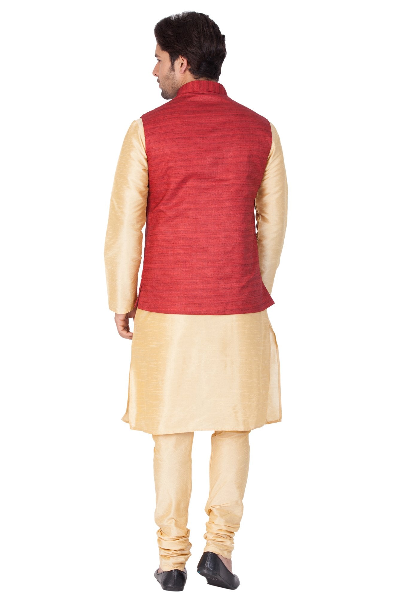 Men's Gold Cotton Silk Blend Kurta, Ethnic Jacket and Pyjama Set