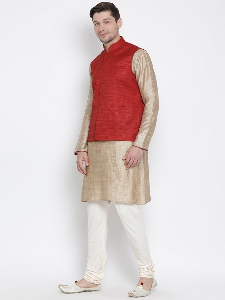 Men's Beige Cotton Silk Blend Kurta, Ethnic Jacket and Pyjama Set