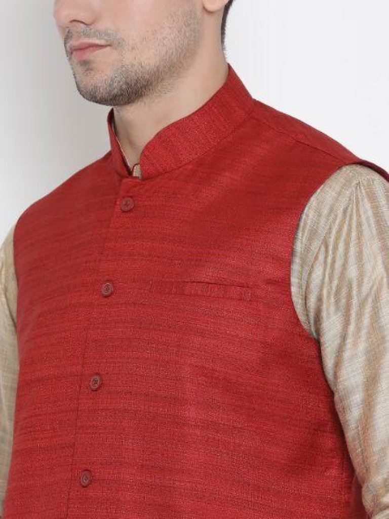 Men's Beige Cotton Silk Blend Kurta, Ethnic Jacket and Pyjama Set