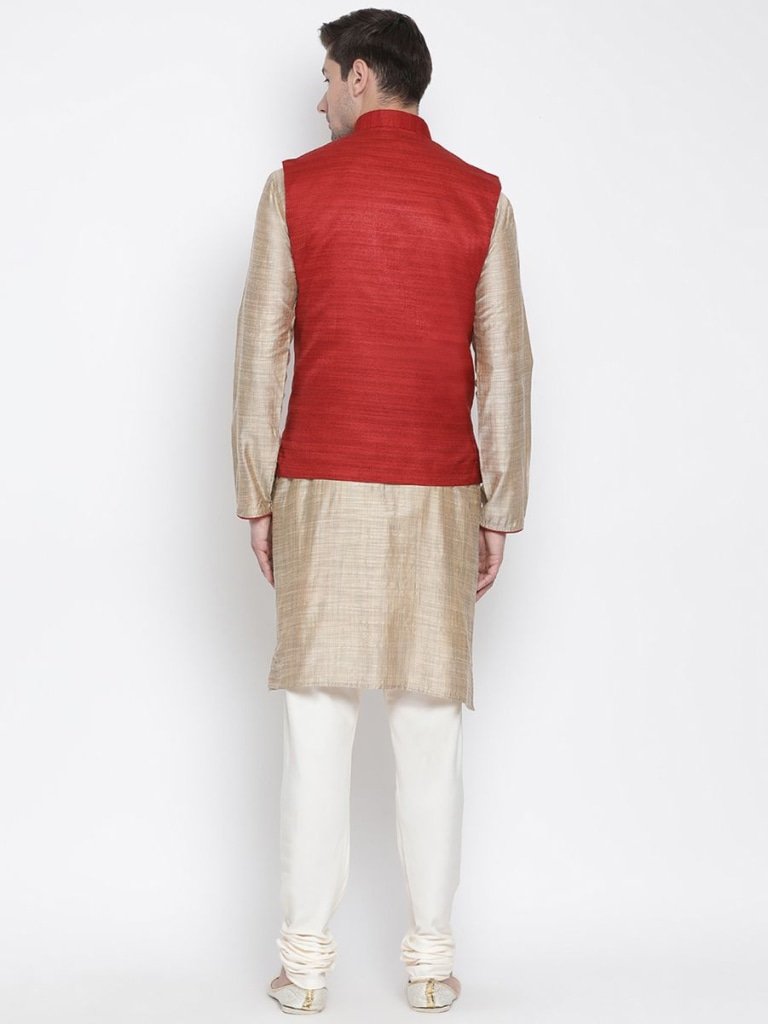 Men's Beige Cotton Silk Blend Kurta, Ethnic Jacket and Pyjama Set